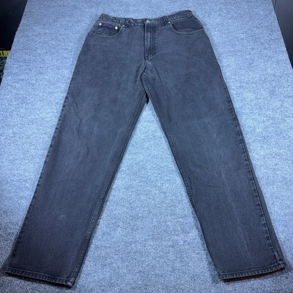 Tommy Hilfiger Vintage Mens Jeans Faded Black Straight Leg Flag Logo Denim 36x34